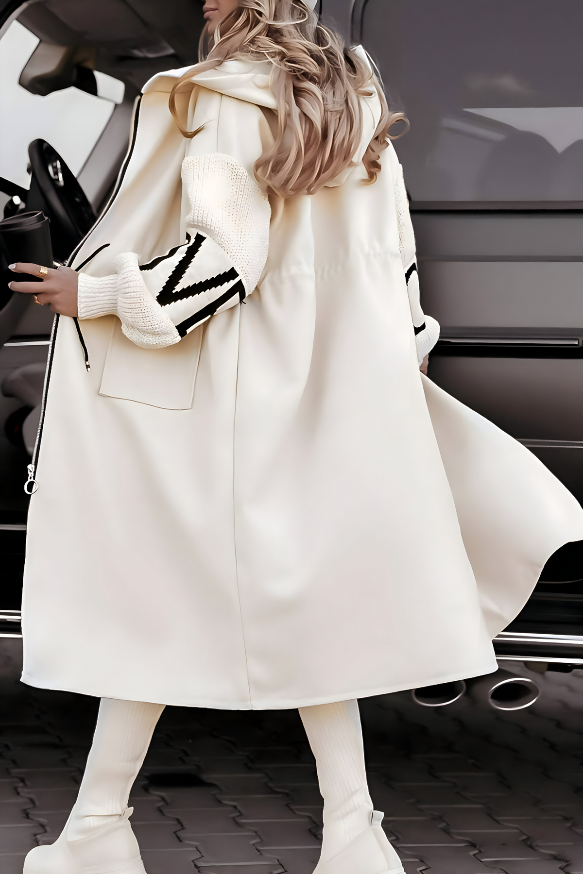 Hooded Zip Front Contrast Knit Sleeve Longline Coat