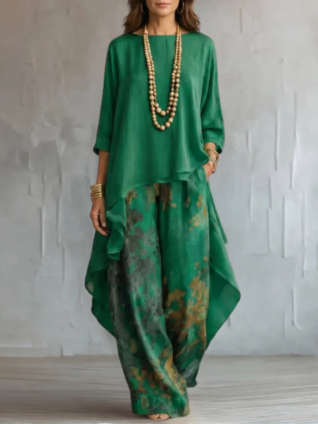 Boat Neck High Low Top and Floral Wide Leg Pants Two Piece Set