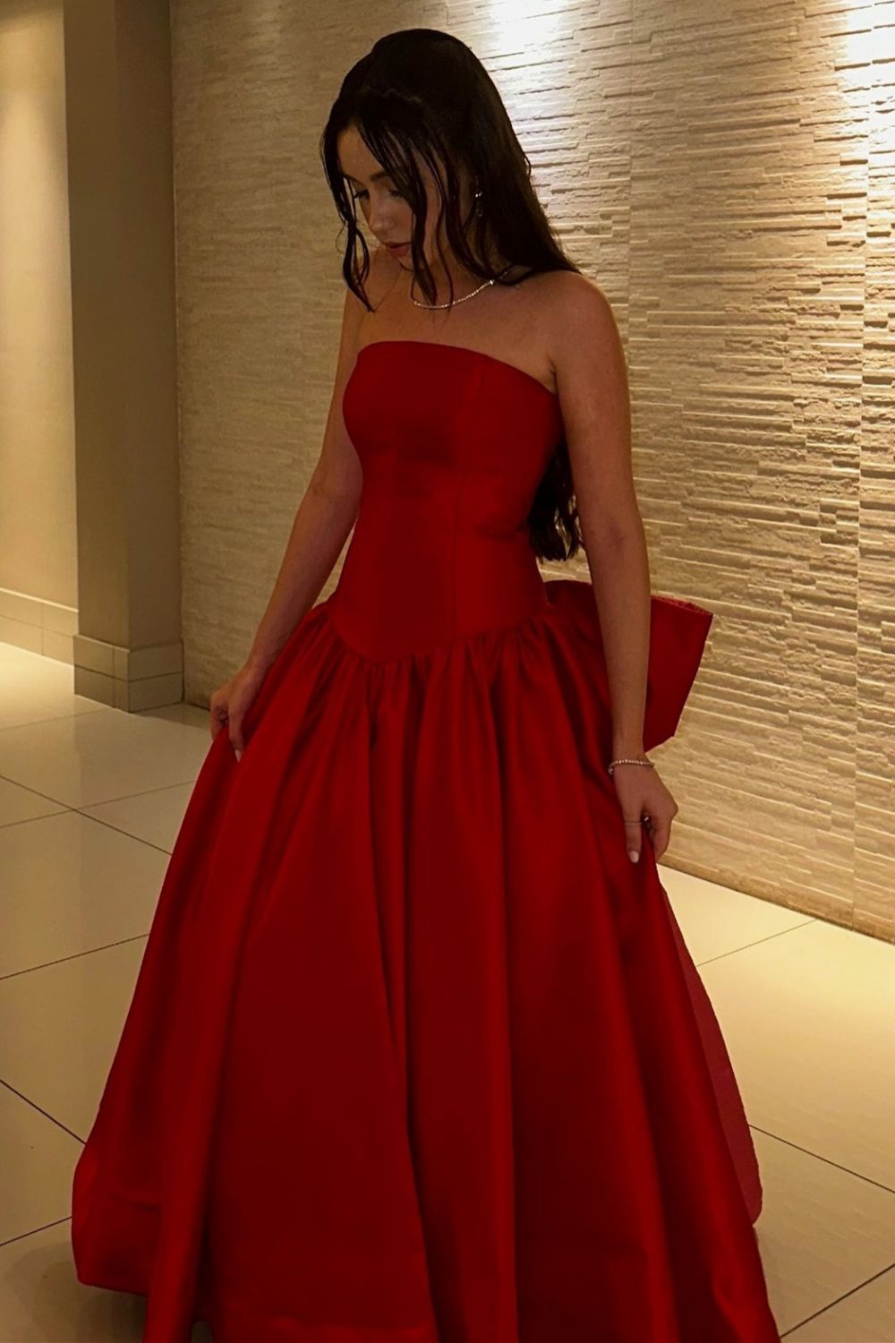 Charming A Line Strapless Red Long Prom Dress with Bowknot