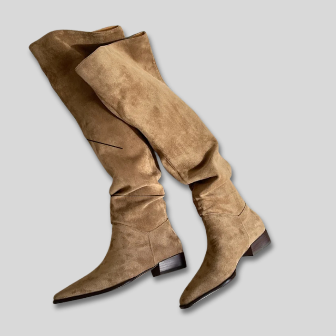 Suede Look Pointed Toe Slouchy Knee High Boots