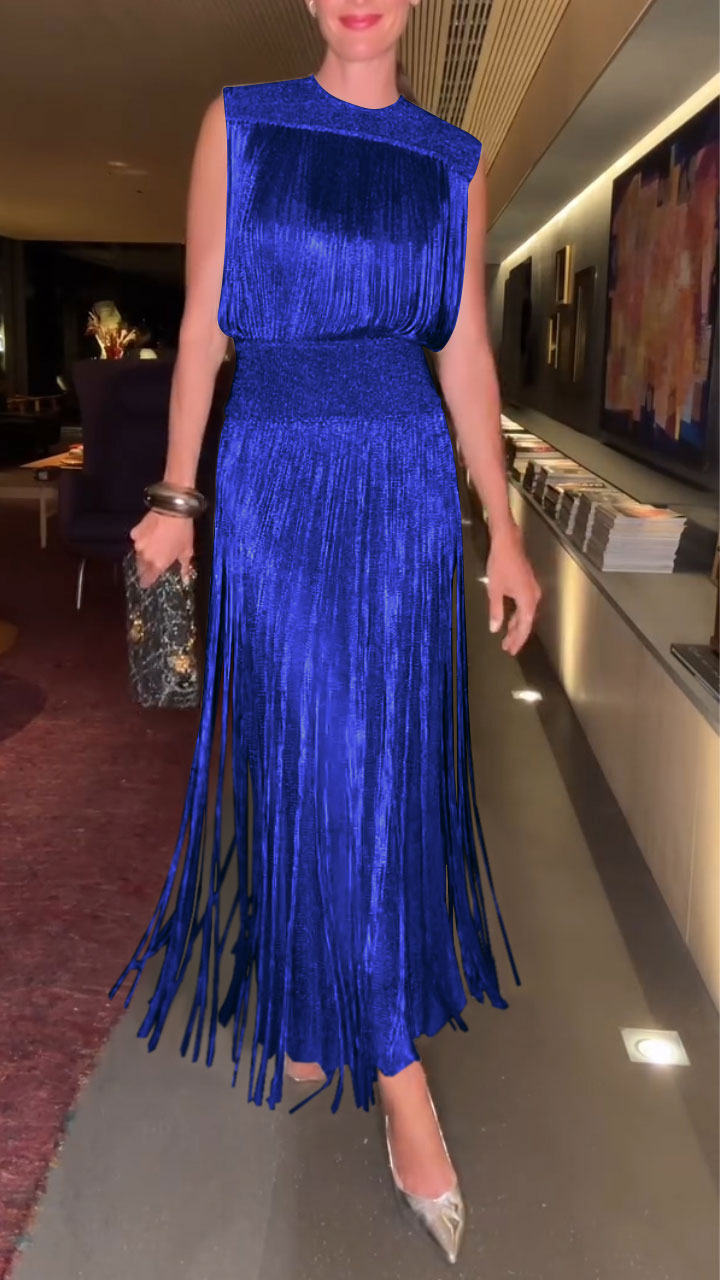High Neck Sleeveless Fringe Midi Dress Party 7