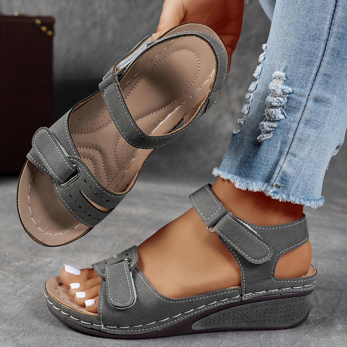Open Toe Hook and Loop Strap Wedge Sandals