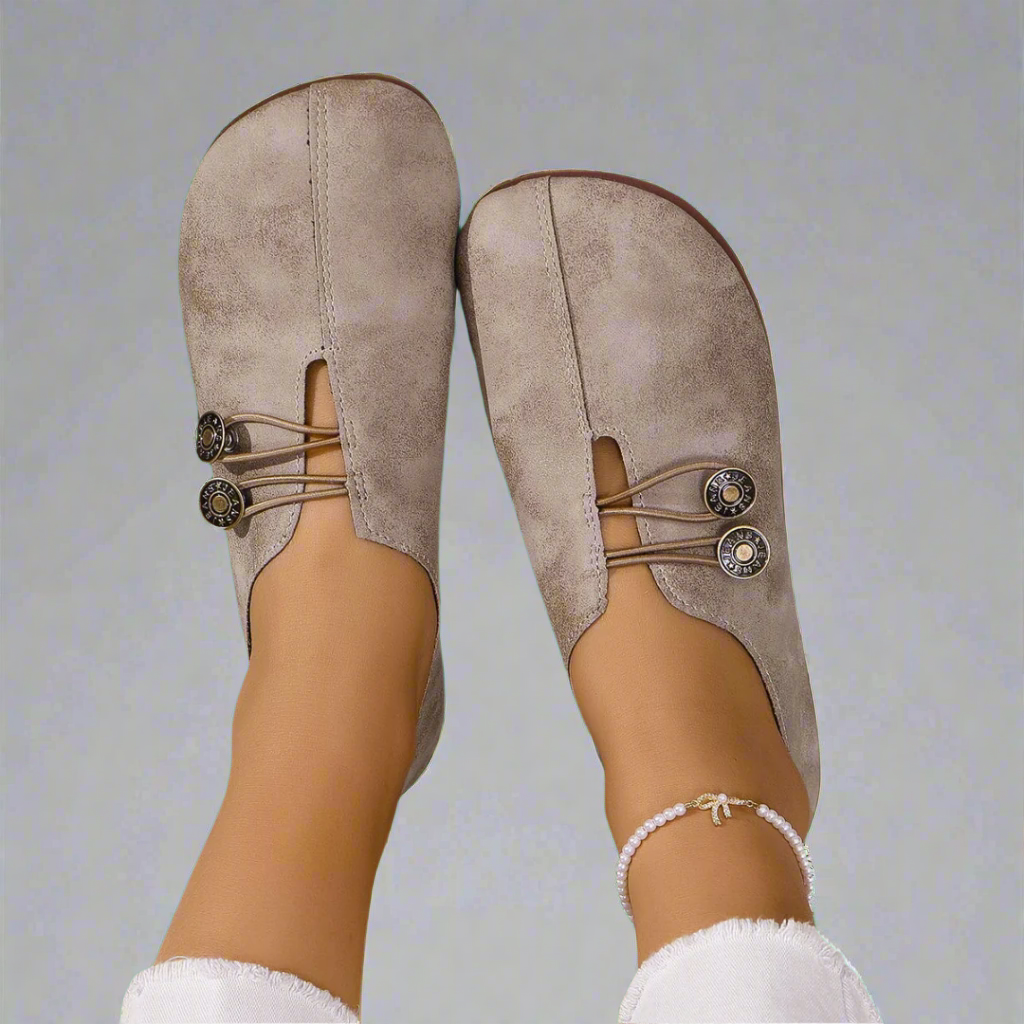 Round Toe Button Loop Suede Look Slip On Flats