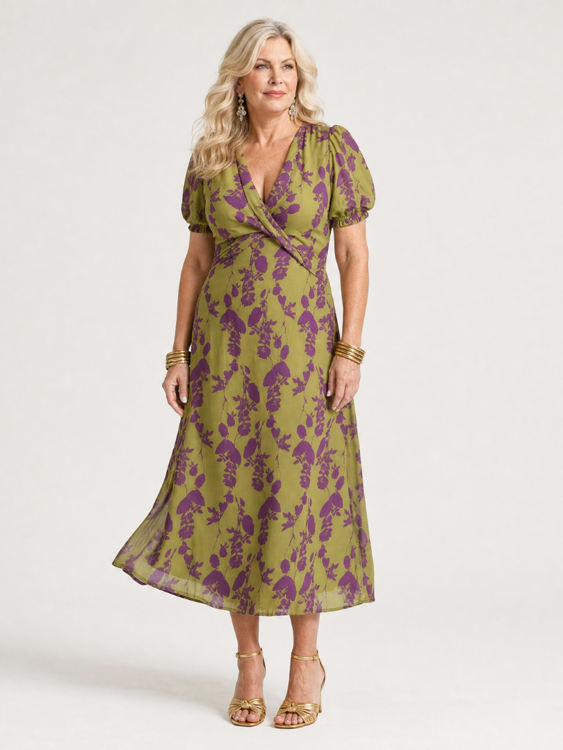 Floral V-Neck Puff Sleeve Wrap Midi Dress