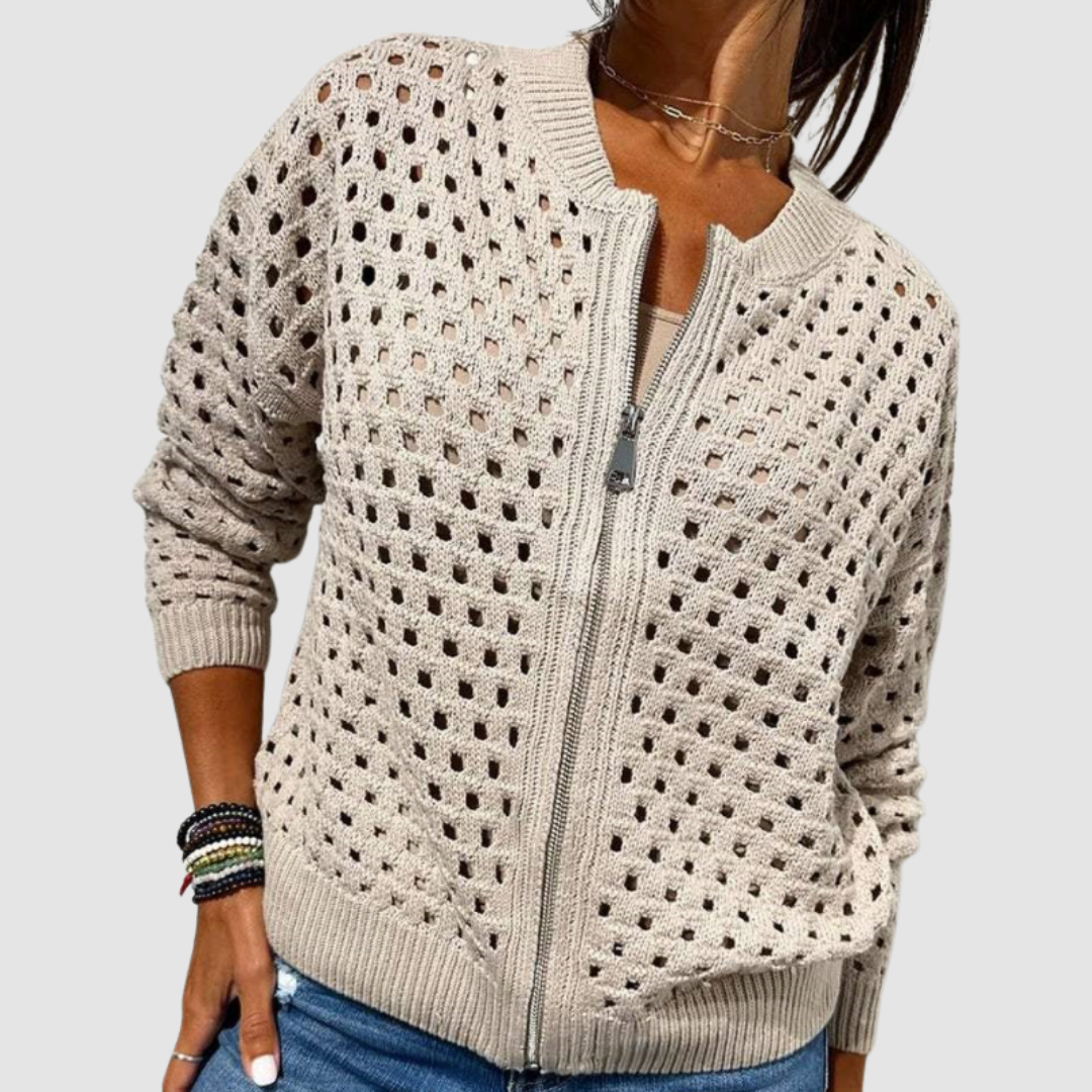 Open Knit Zip Front Bomber Cardigan