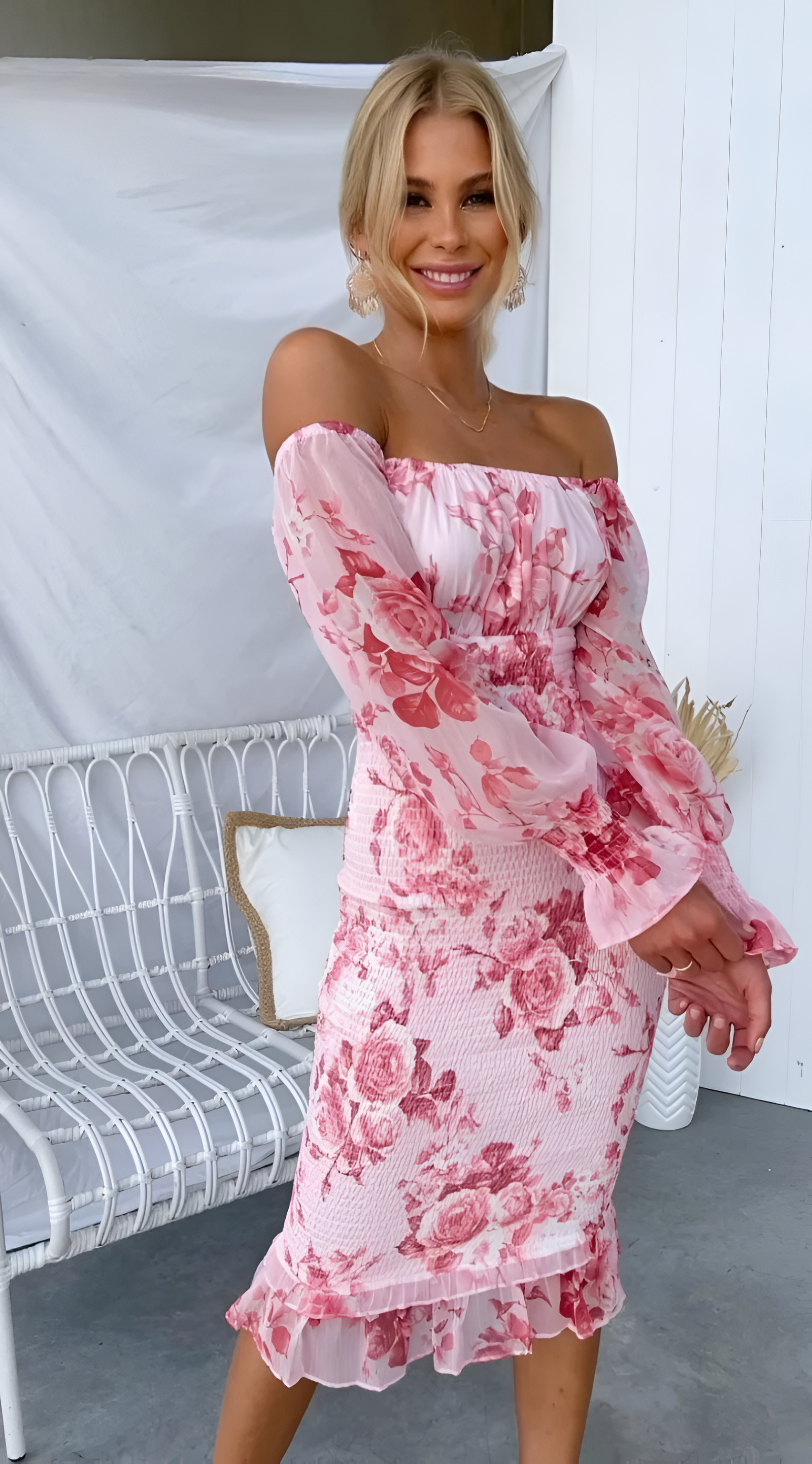 Nadia - Floral Off Shoulder Smocked Waist Midi Dress Pink