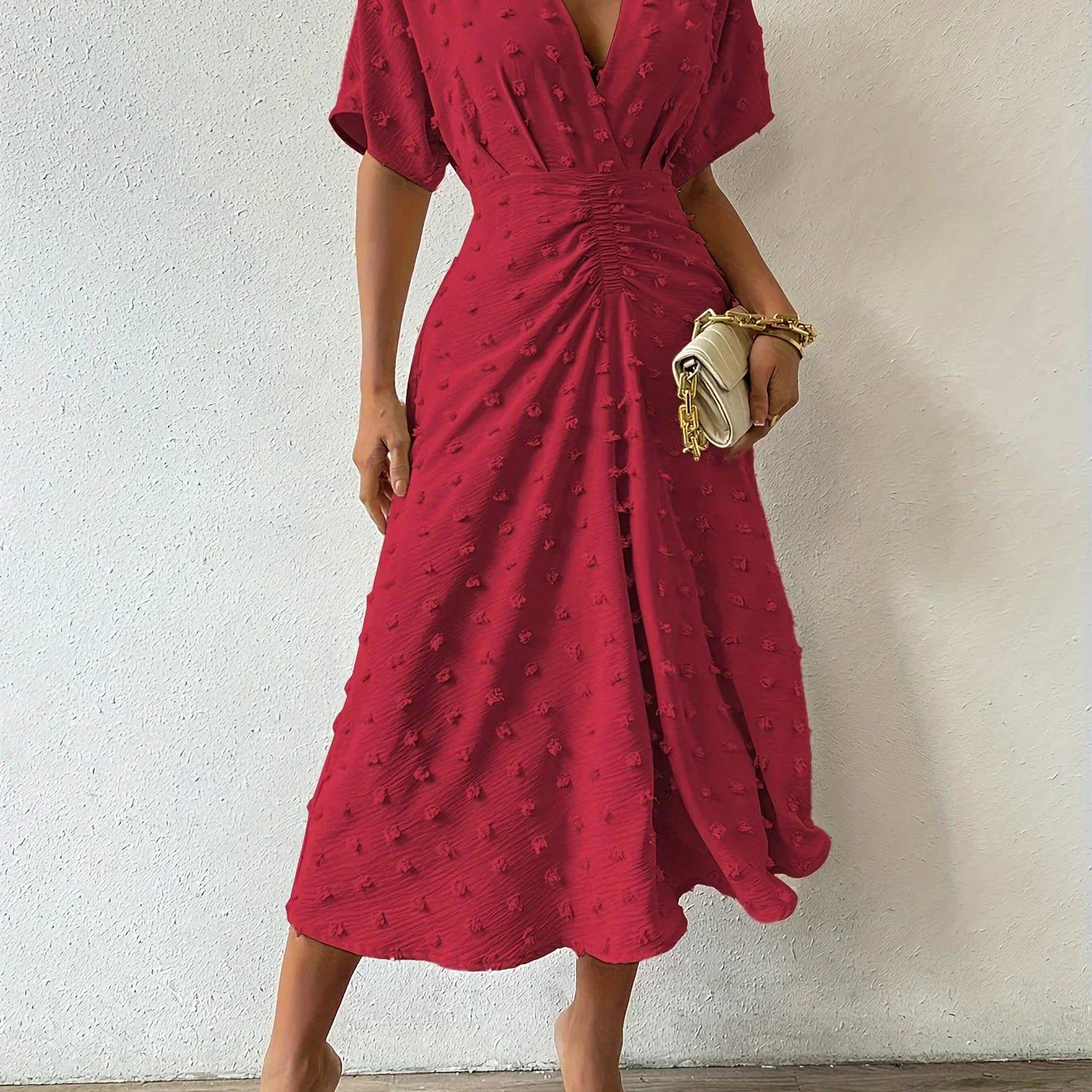 Swiss Dot Flutter Sleeve Pleated Back A-Line Midi Dress