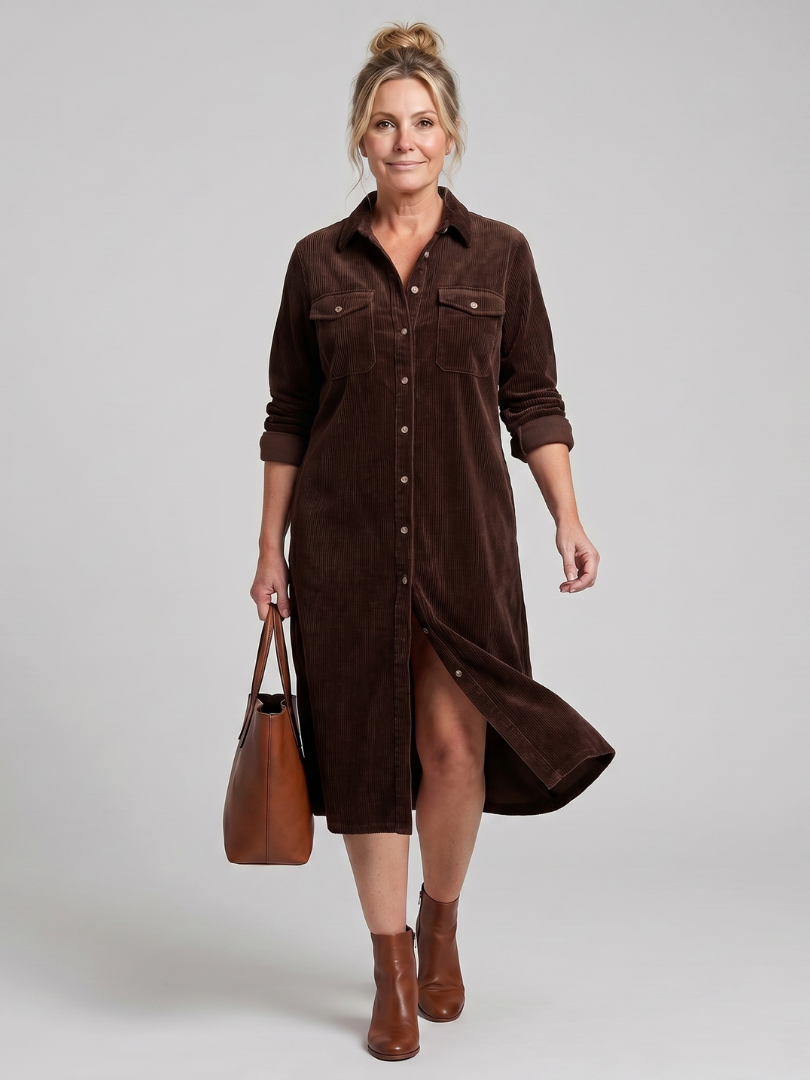 Long Sleeve Button Front Patch Pocket Corduroy Shirt Dress