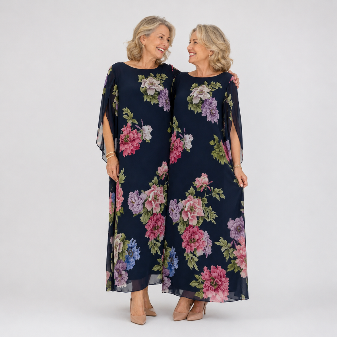 Floral Round Neck Chiffon Cape Overlay Maxi Dress