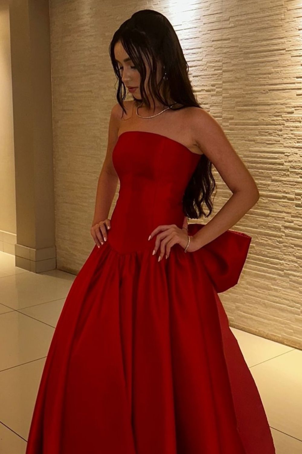 Charming A Line Strapless Red Long Prom Dress with Bowknot