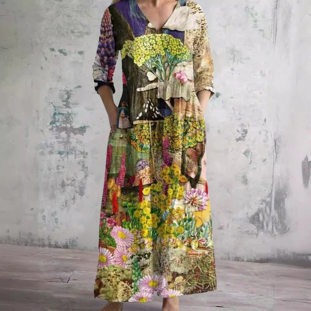Landscape Floral Print Ruffle Trim Long Sleeve Maxi Dress