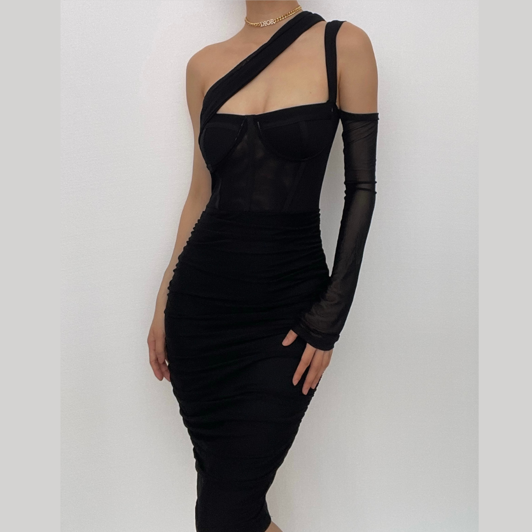 One Shoulder Single Sleeve Ruched Sheer Mesh Corset Bodycon Midi Dress 2