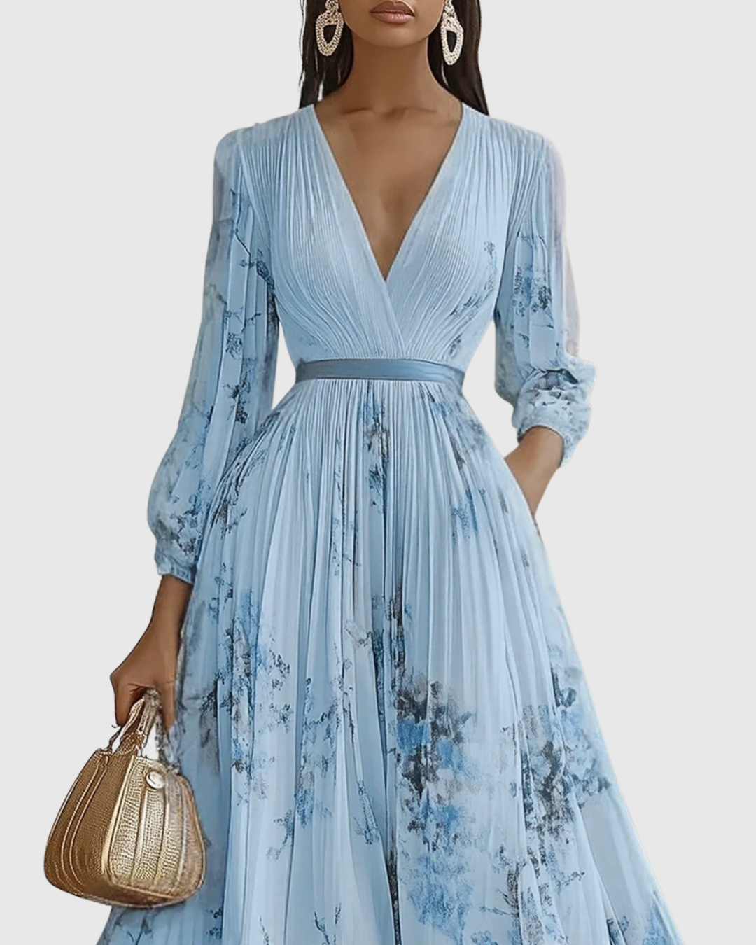 Floral Deep V-Neck Pleated Belted Midi Dress