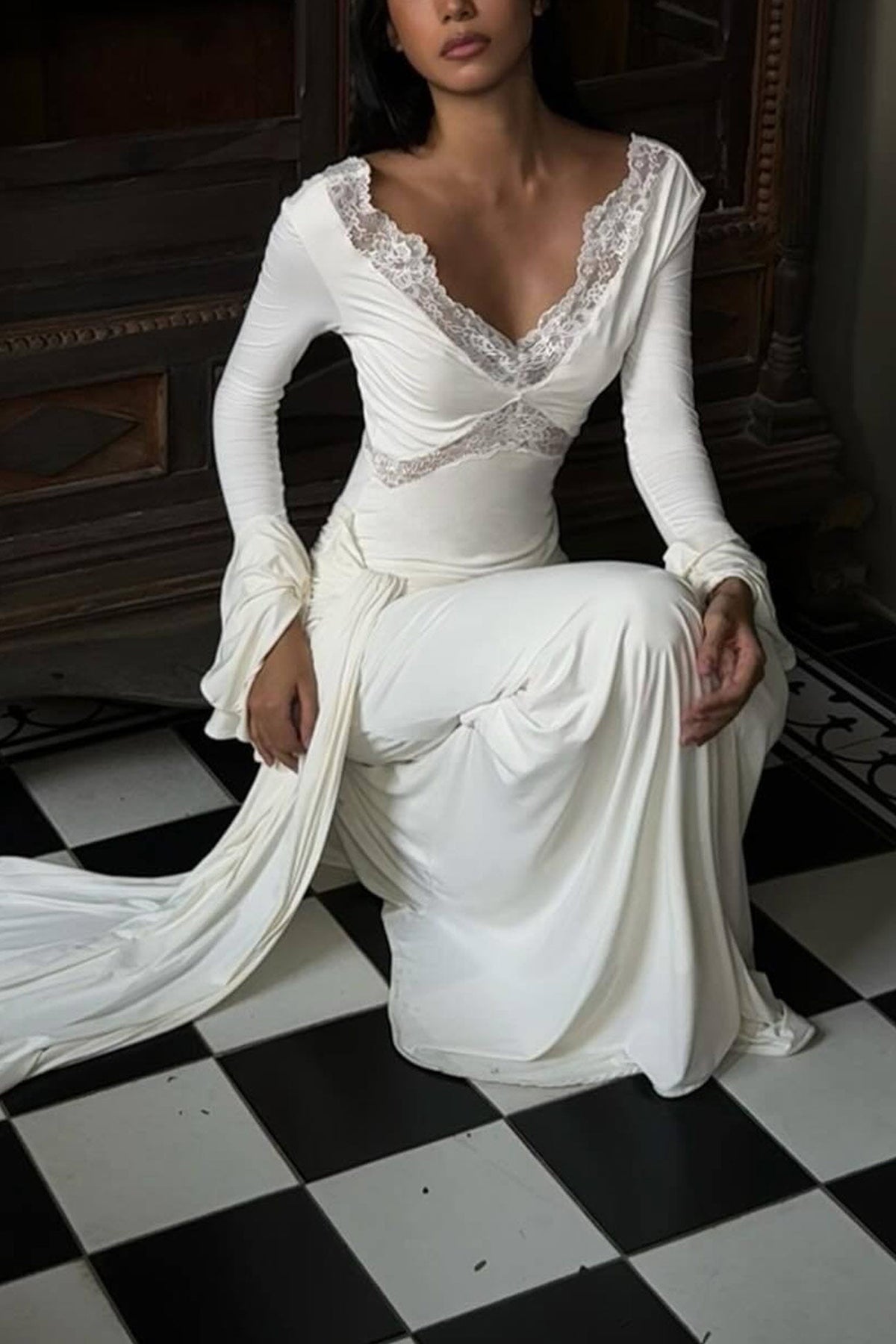 Lace Trim V-Neck Flare Sleeve Draped Hip Ruched Maxi Dress 5