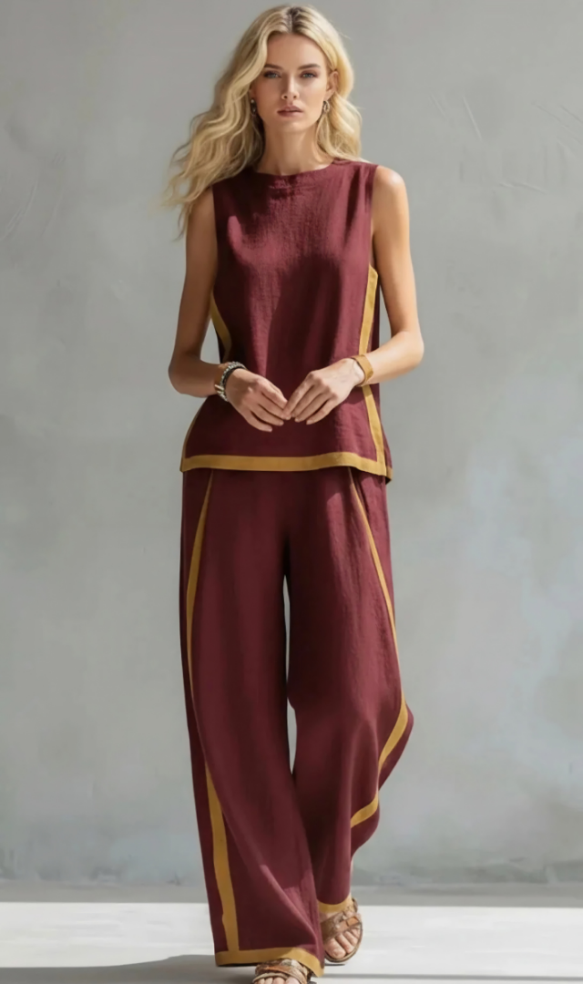 Contrast Trim Sleeveless Top and Wide Leg Pants Two Piece Set