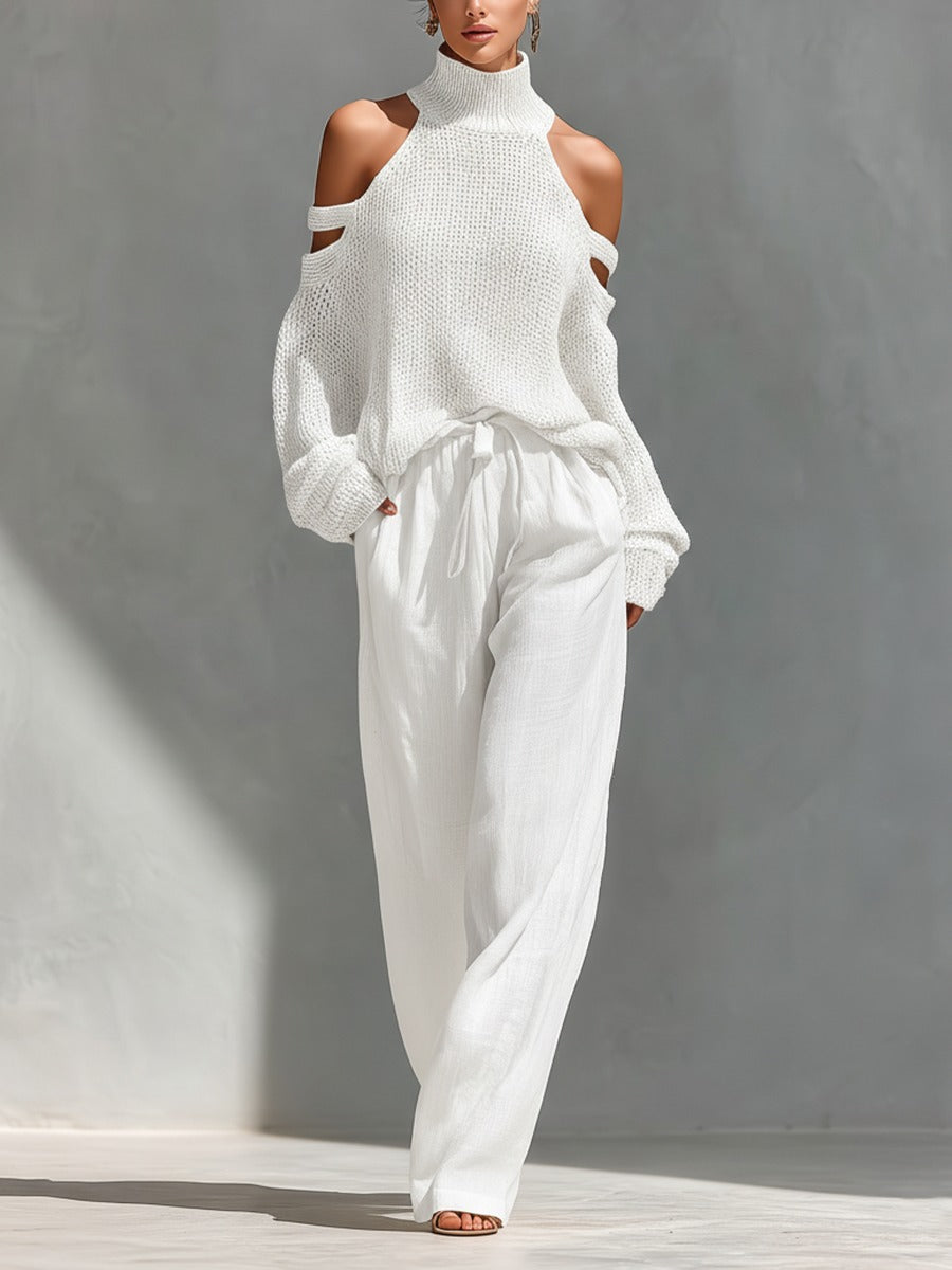 Cold Shoulder Turtleneck Knit Sweater and Wide Leg Pants Two Piece Set