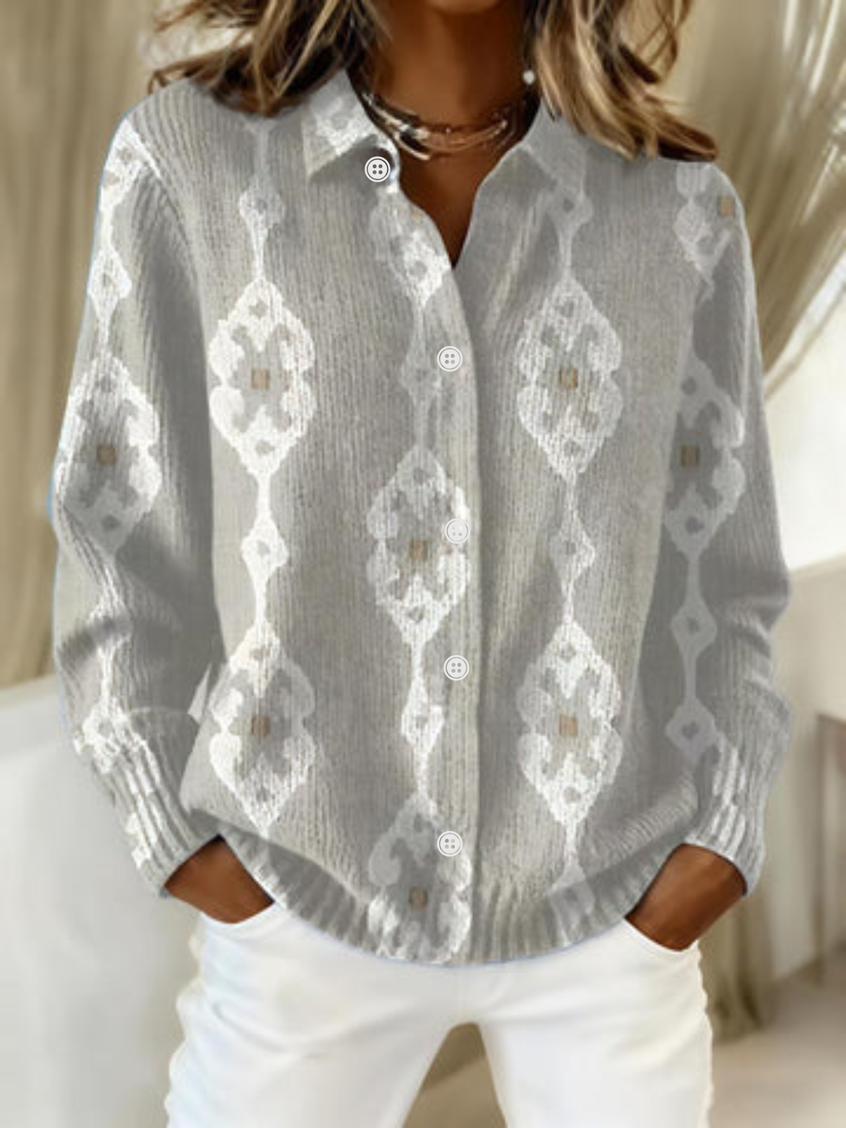 Geometric Print Collared Button Front Long Sleeve Shirt