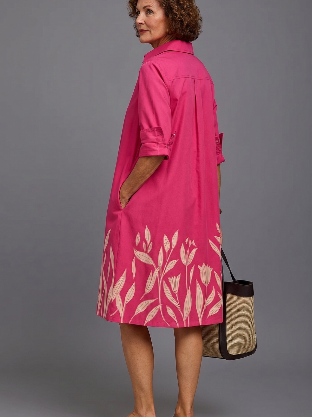 Floral Border Print Half Placket A-Line Midi Shirt Dress