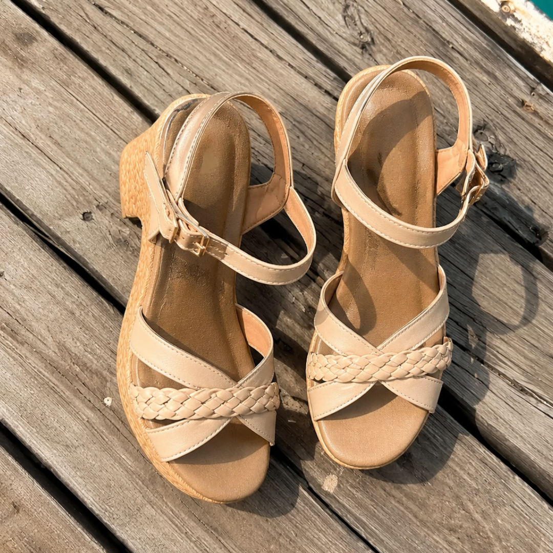 Open Toe Braided Strap Ankle Strap Block Heel Sandals
