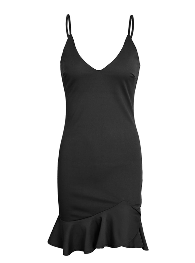 V-Neck Spaghetti Strap Asymmetric Ruffle Hem Bodycon Mini Dress 6