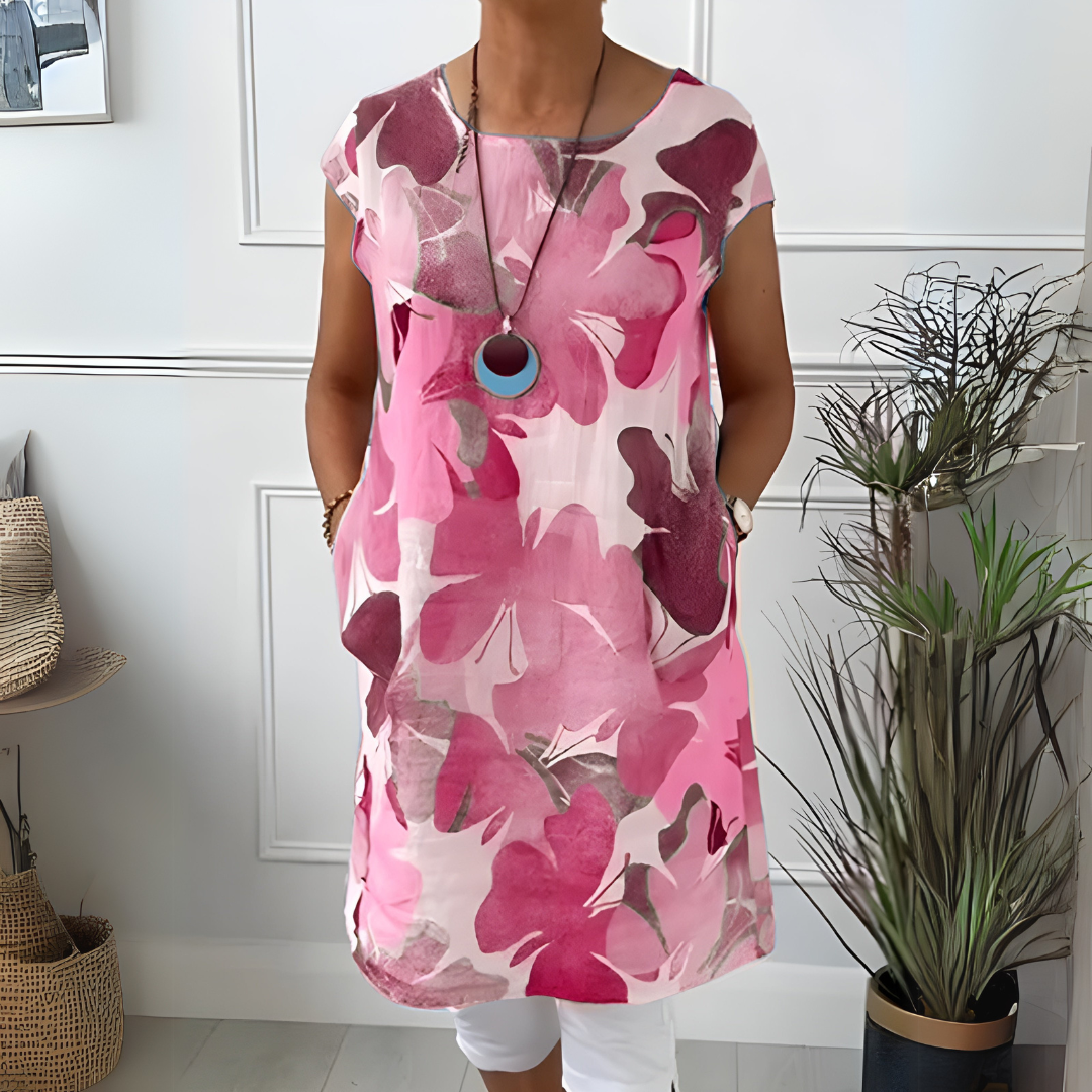Watercolor Floral Round Neck Short Sleeve Tunic Dress
