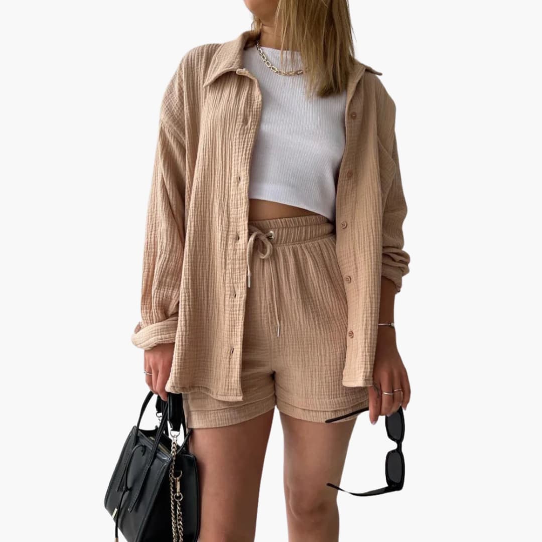 Button Front Shirt and Drawstring Shorts Two Piece Set