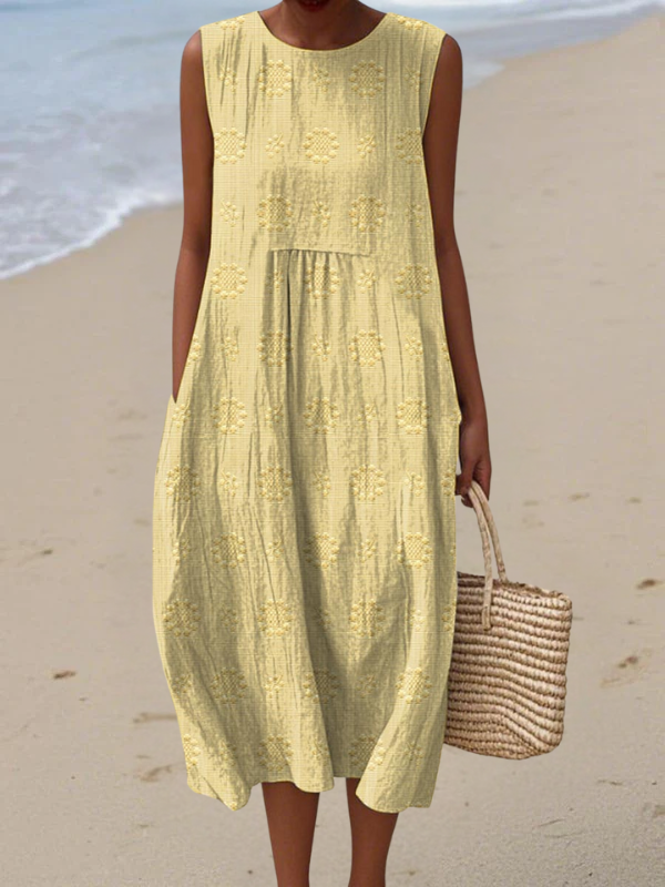 Textured Eyelet Round Neck Sleeveless Pocket Midi Dress