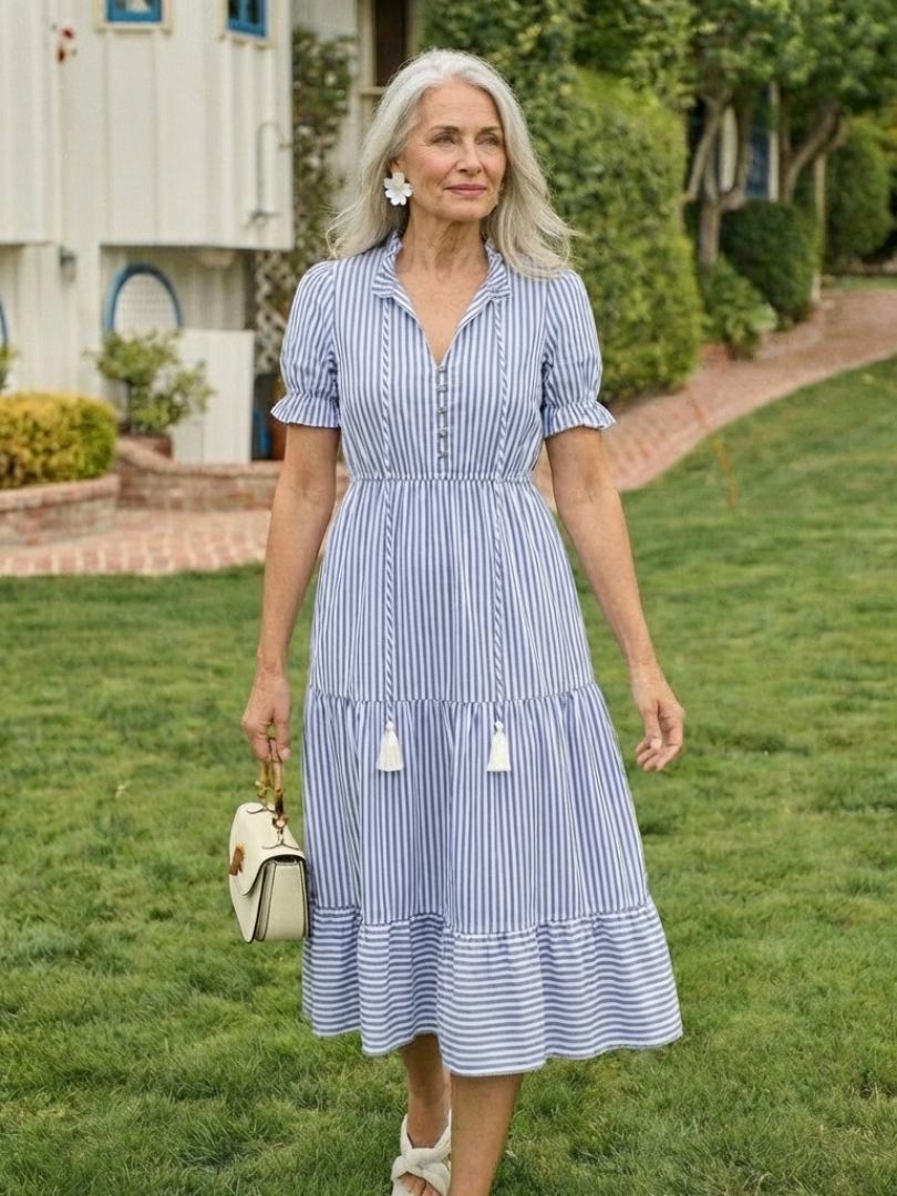 Striped Short Sleeve Button Front Tiered Midi Shirt Dress