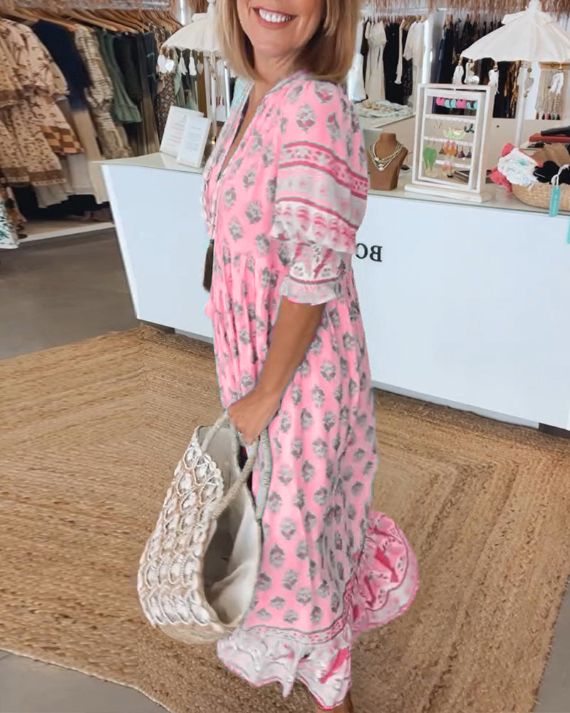 Printed V-Neck Ruffle Short Sleeve Tiered Maxi Dress