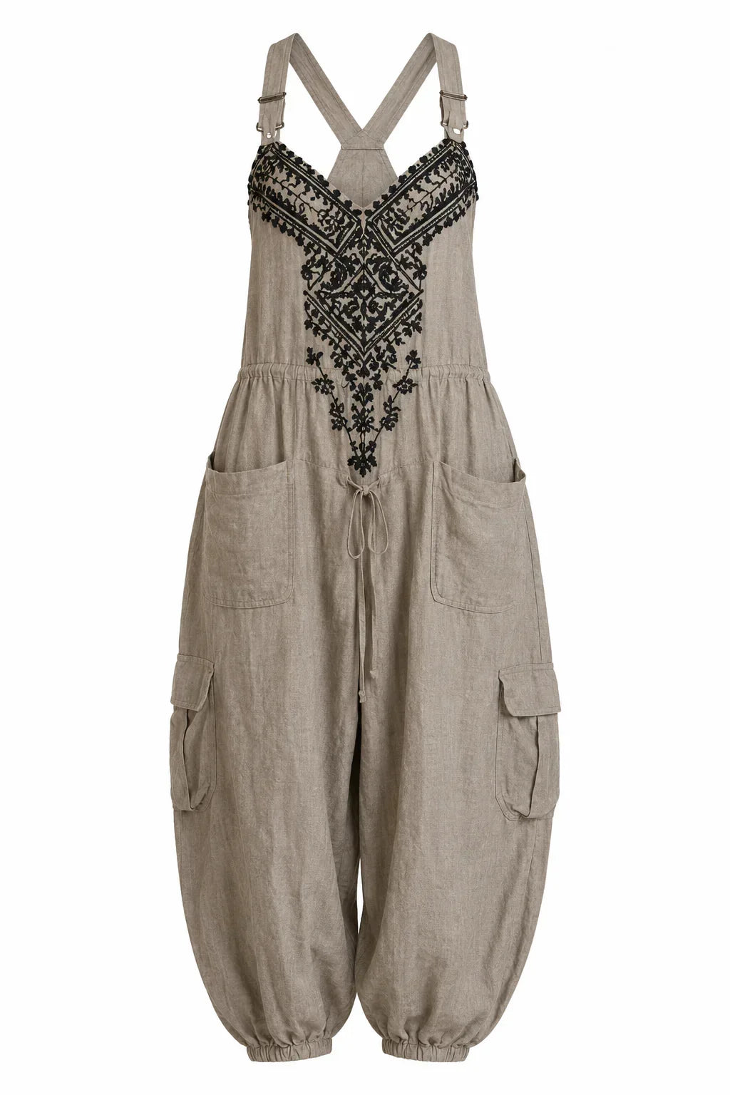 Embroidered Bib Front Pocket Harem Overall Jumpsuit