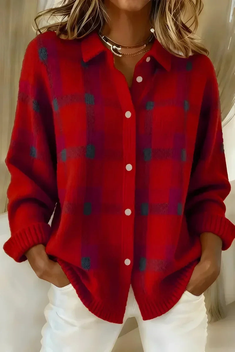 Plaid Collared Button Front Knit Cardigan