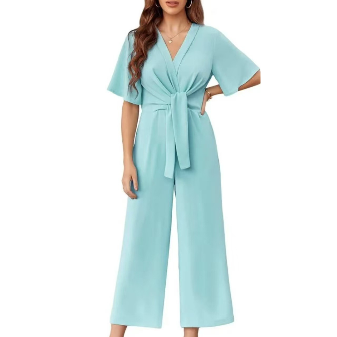 V-Neck Short Sleeve Tie Front Wide Leg Jumpsuit