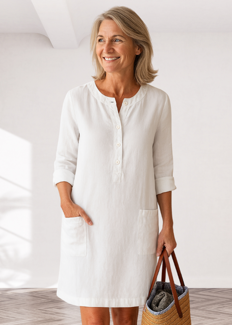 Linen Look Button Placket Long Sleeve Pocket Shift Dress