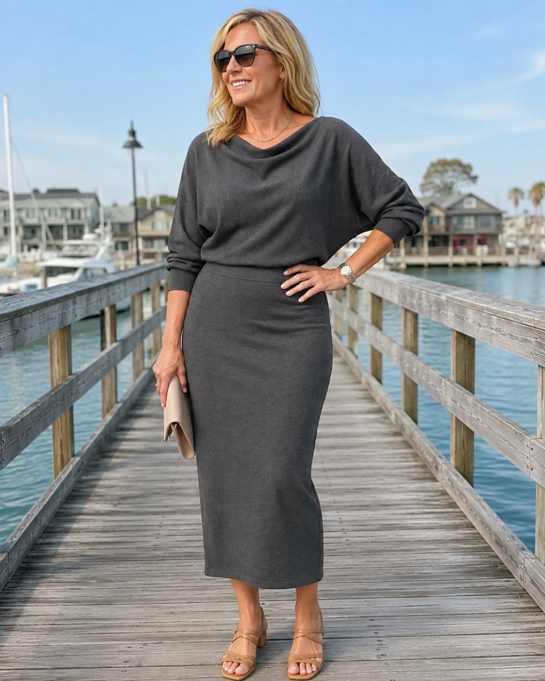 Romy | Draped Neckline Fitted Skirt Midi Dress