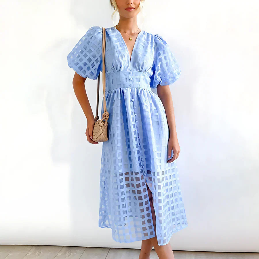 Cindy - Classic Patterned Puff Sleeve Midi Dress Light Blue