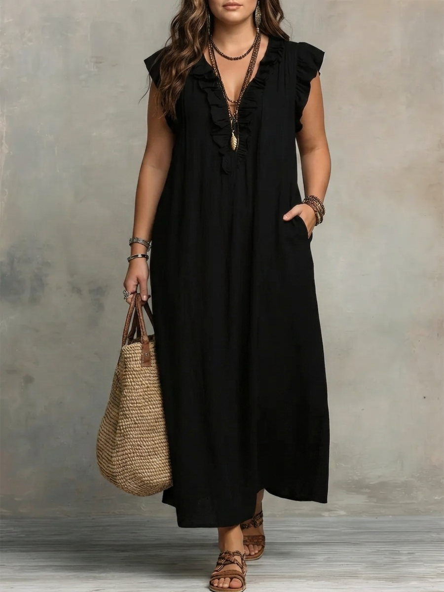 Ruffle V-Neck Sleeveless Pocket Linen Maxi Dress