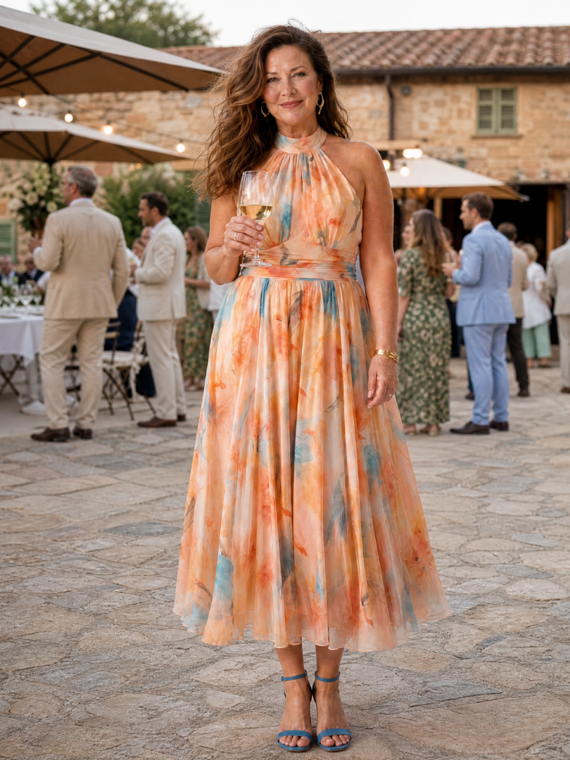 Watercolor Floral Halter Neck Pleated Midi Dress