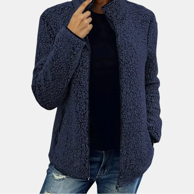 Zip Front Stand Collar Teddy Fleece Jacket