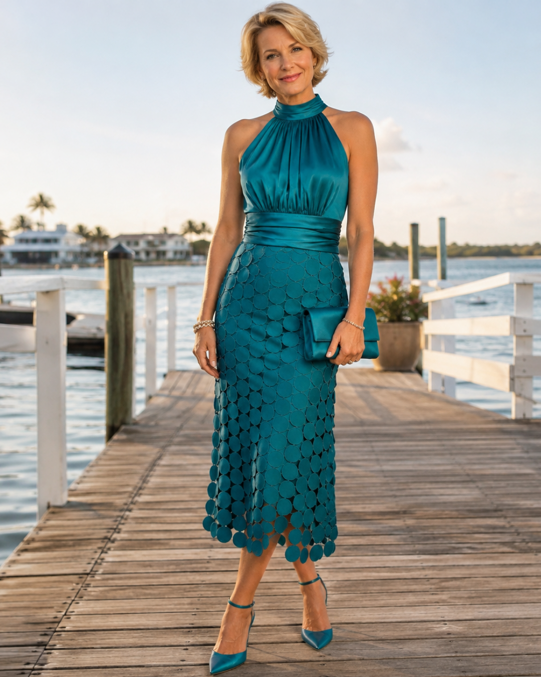 Halter Neck Sleeveless Laser Cut Disc Midi Dress