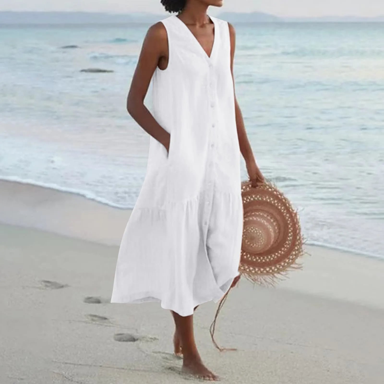 Emilia Exclusive Linen Dress with V Neck Designer Edit