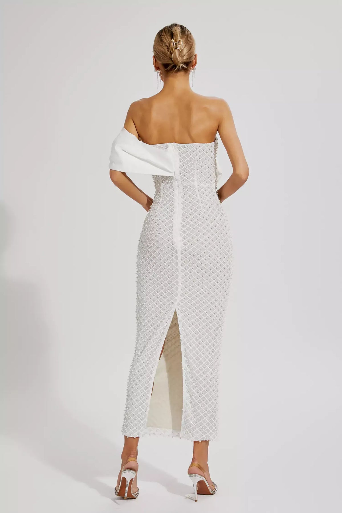 Pearl Embellished Strapless Bow Bodice Bodycon Maxi Dress 6