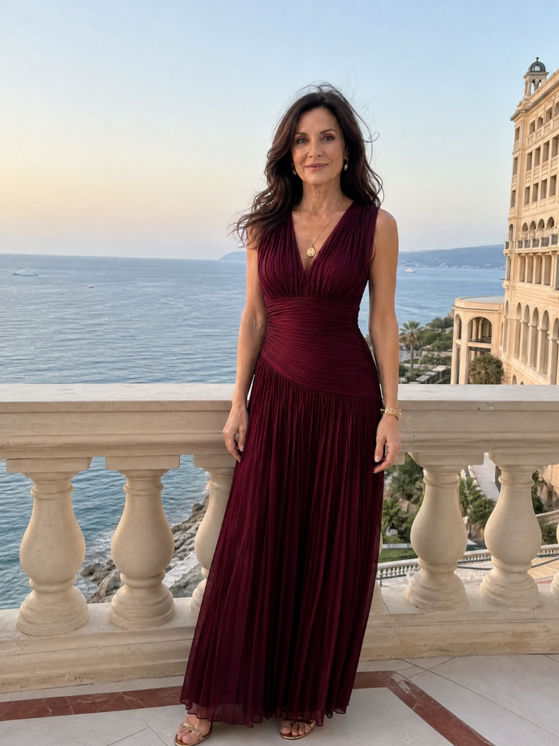 Pleated V-Neck Sleeveless Ruched Waist Maxi Gown