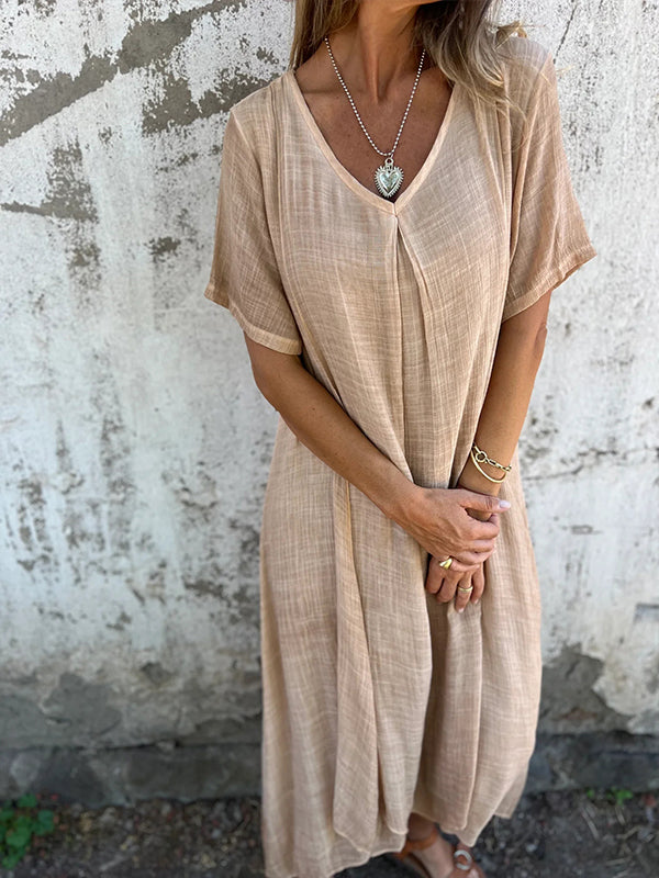 Linen V-Neck Short Sleeve Loose Midi Dress 3