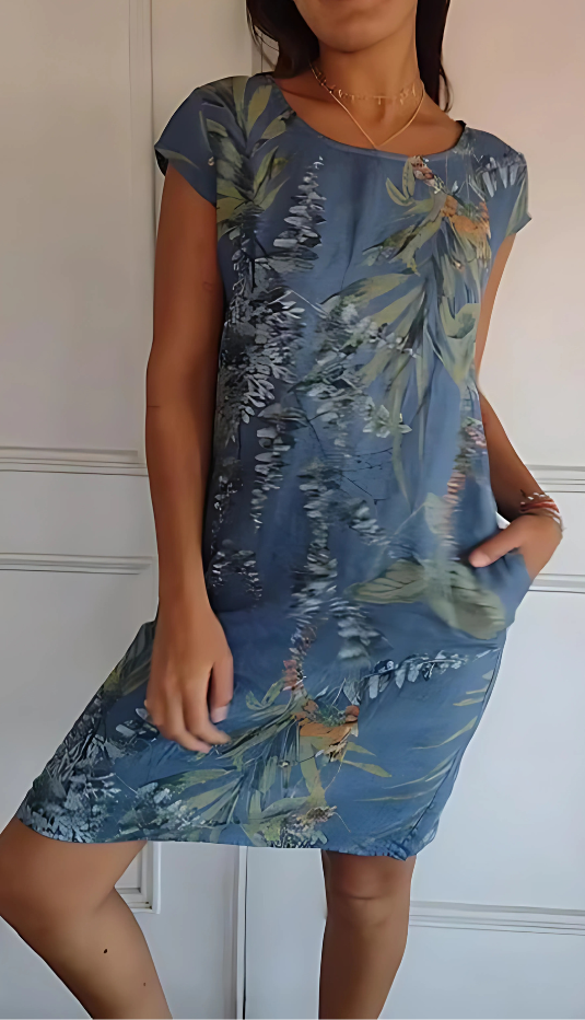 Iris - Casual Loose-Fit Knee-Length Printed Dress Blue