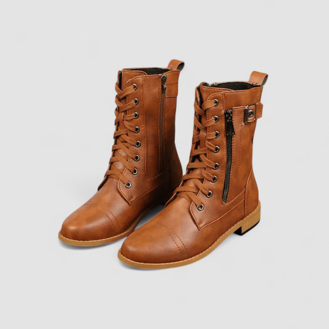 Lace Up Side Zip Buckle Mid Calf Boots