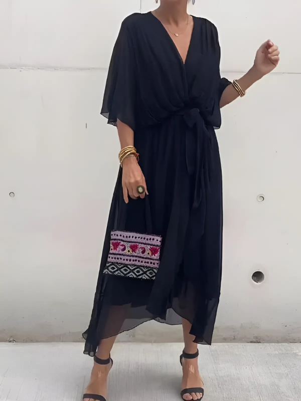 Chiffon Deep V-Neck Batwing Tie Waist High Low Midi Dress 5