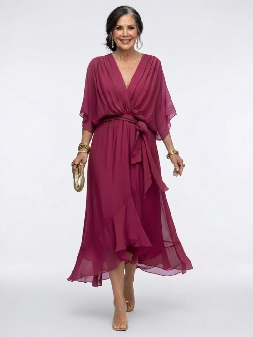 V-Neck Kimono Sleeve Tie Waist High Low Midi Dress