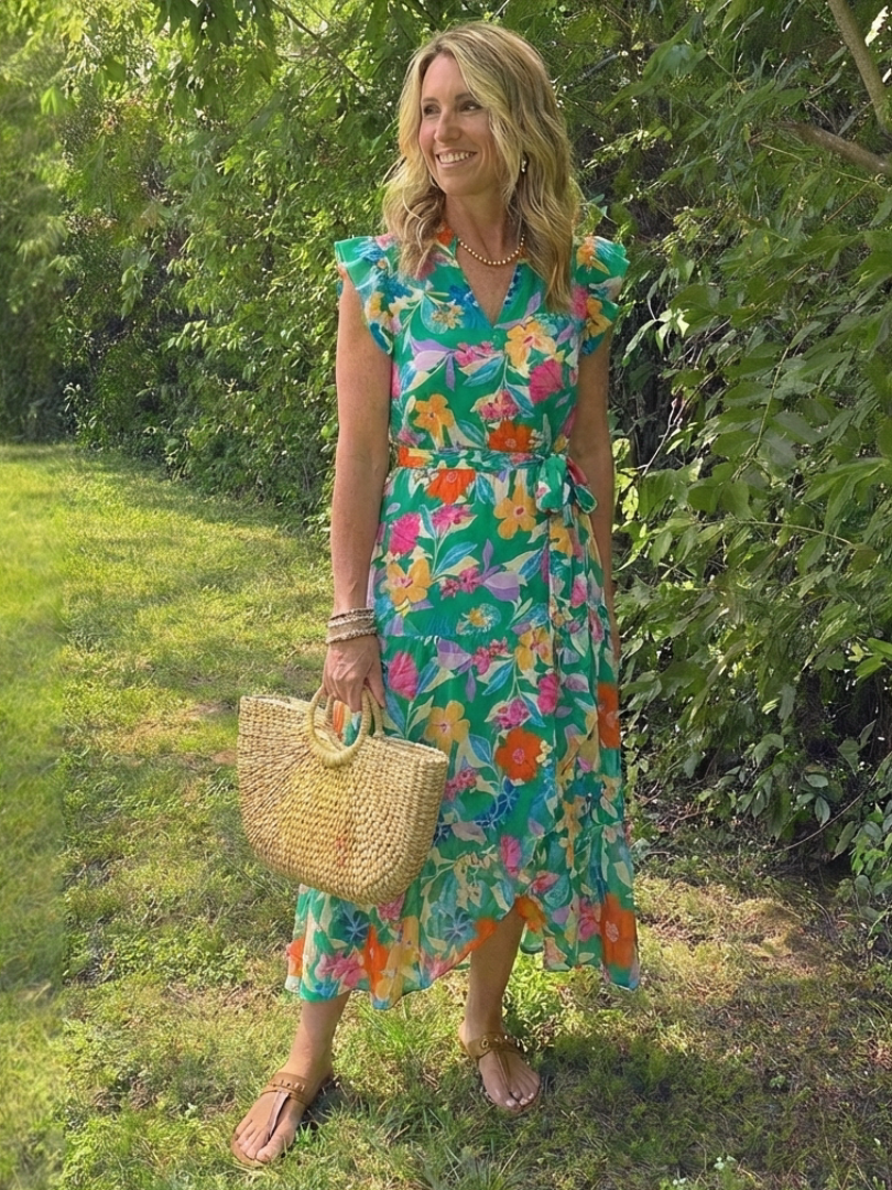 Floral Flutter Sleeve Split Neck Tiered Maxi Dress