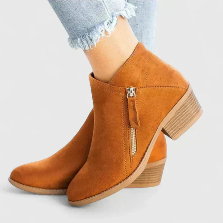 Side Zip Pointed Toe Stacked Block Heel Ankle Boots
