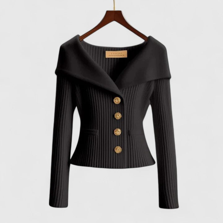 Portrait Collar Button Front Ribbed Knit Sweater